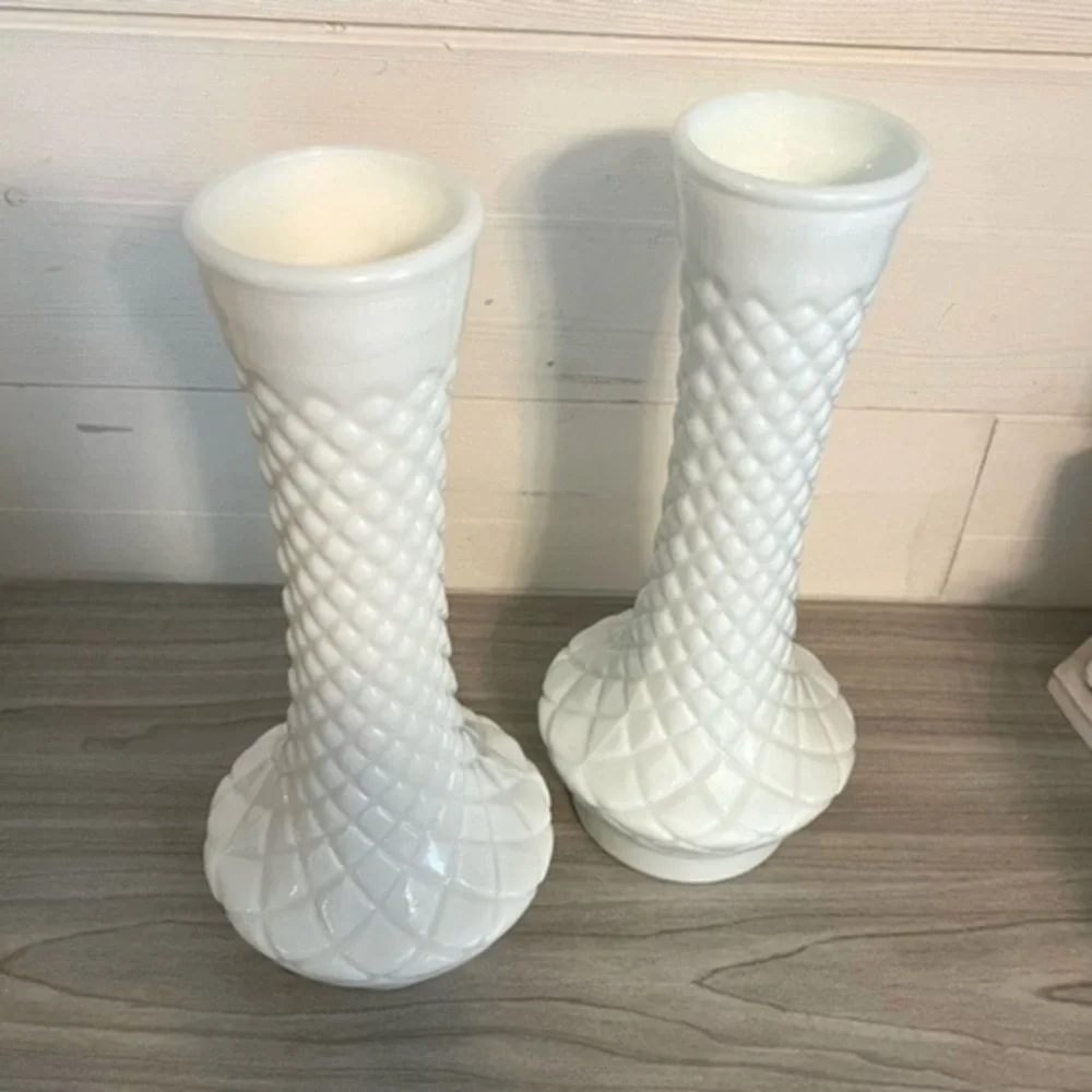 Vintage Diamond Patterned Milk Glass Vases Set of Two